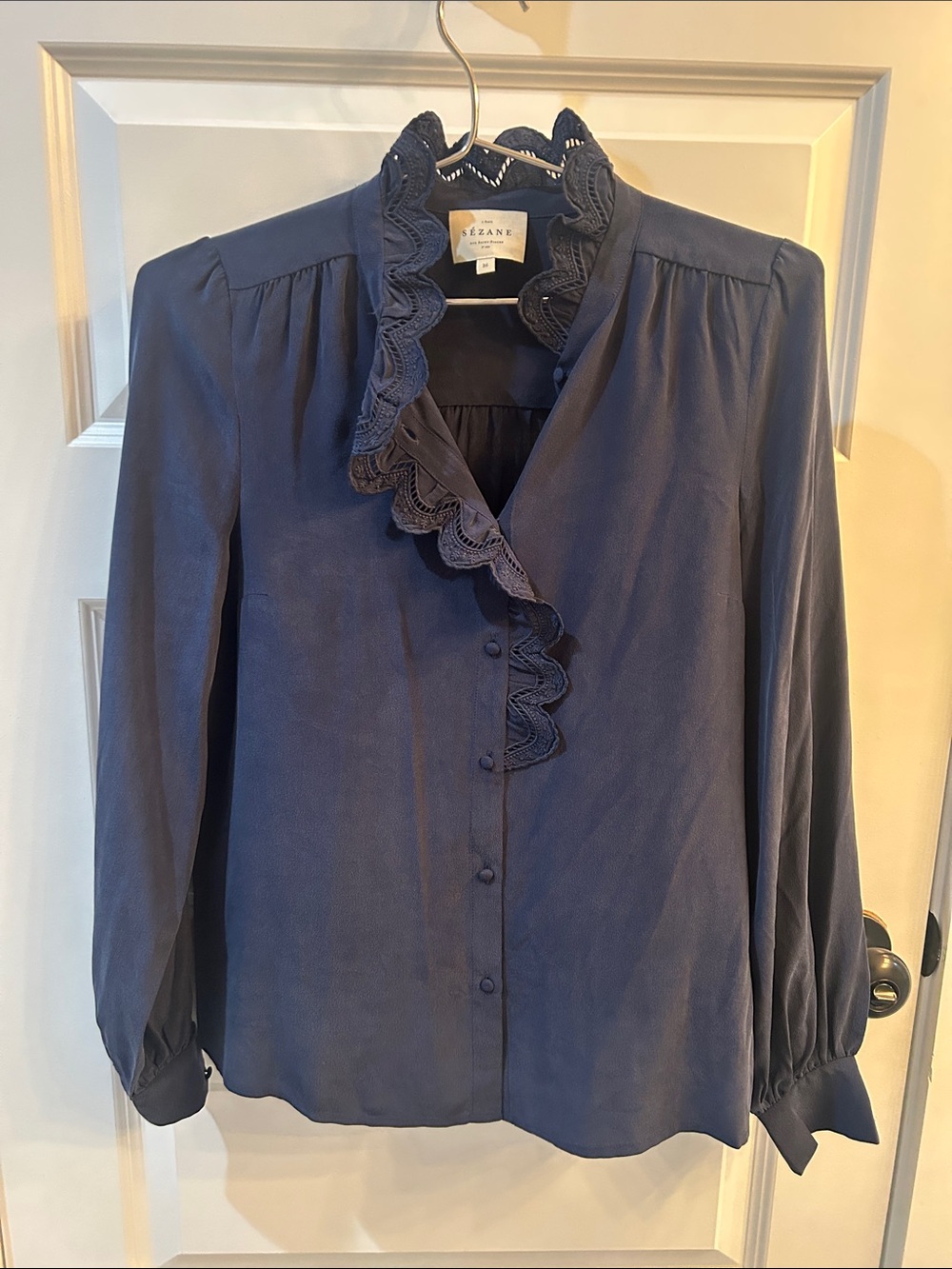 Sezane Chlo Navy Embroidered Ruffle Button Front Blouse